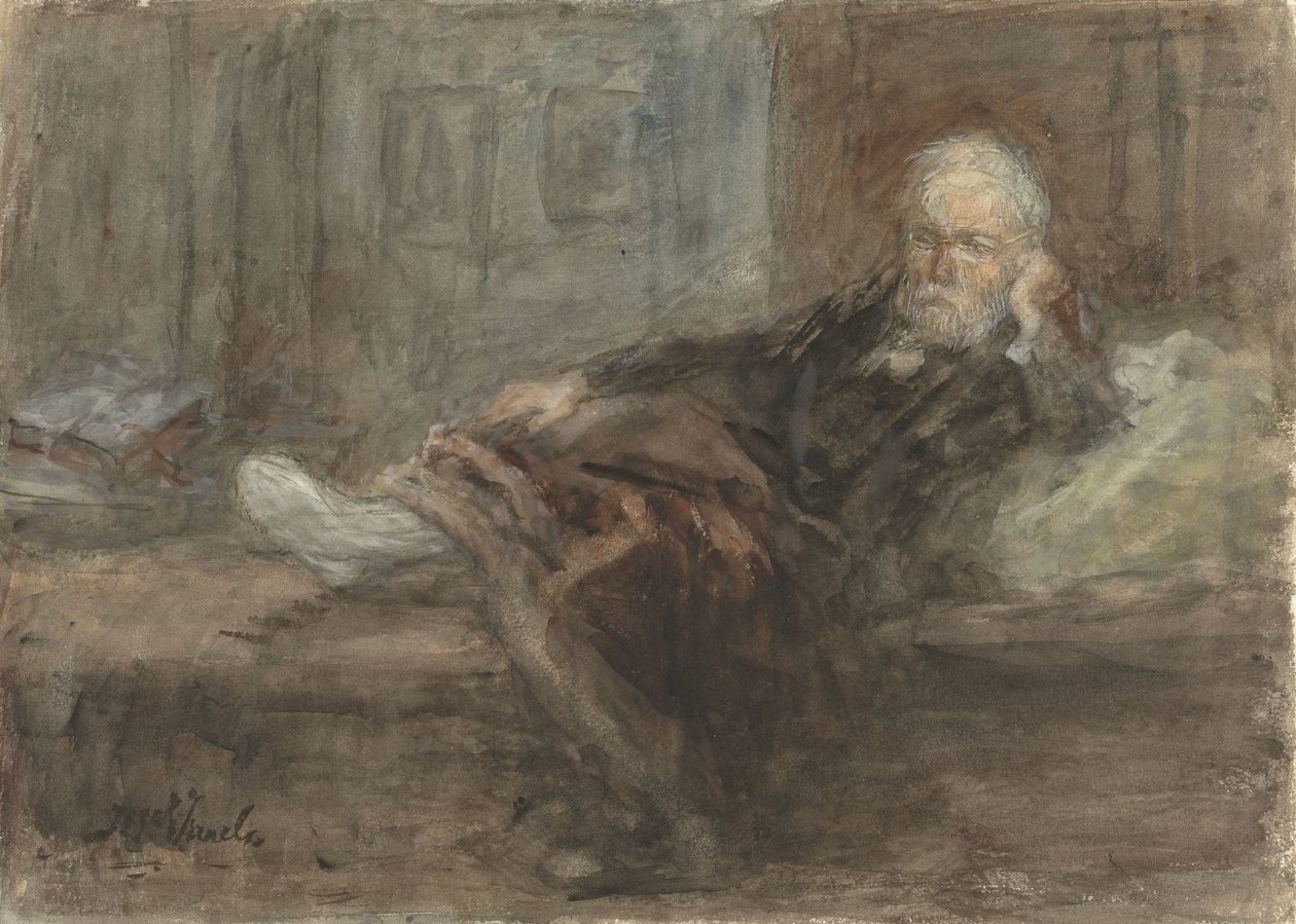 Zelfportret met zieke voet door Jozef Israëls