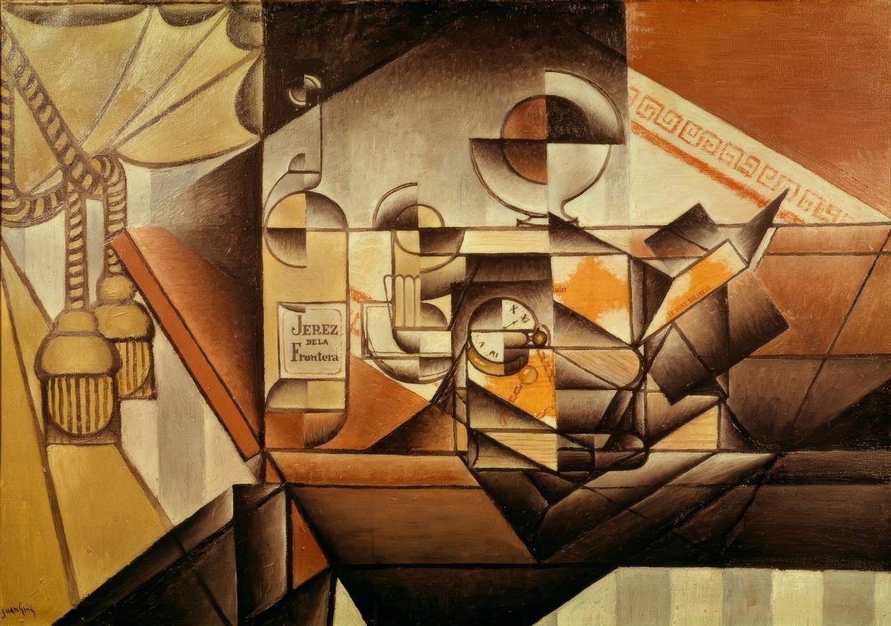 Compositie met horloge. (Horloge en fles Jerez) door Juan Gris