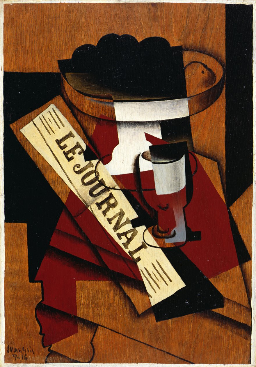 Fruitschaal, Glas en Krant door Juan Gris