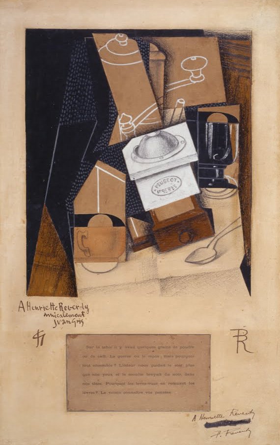 Koffiemolen, kopje en glas op een tafel door Juan Gris