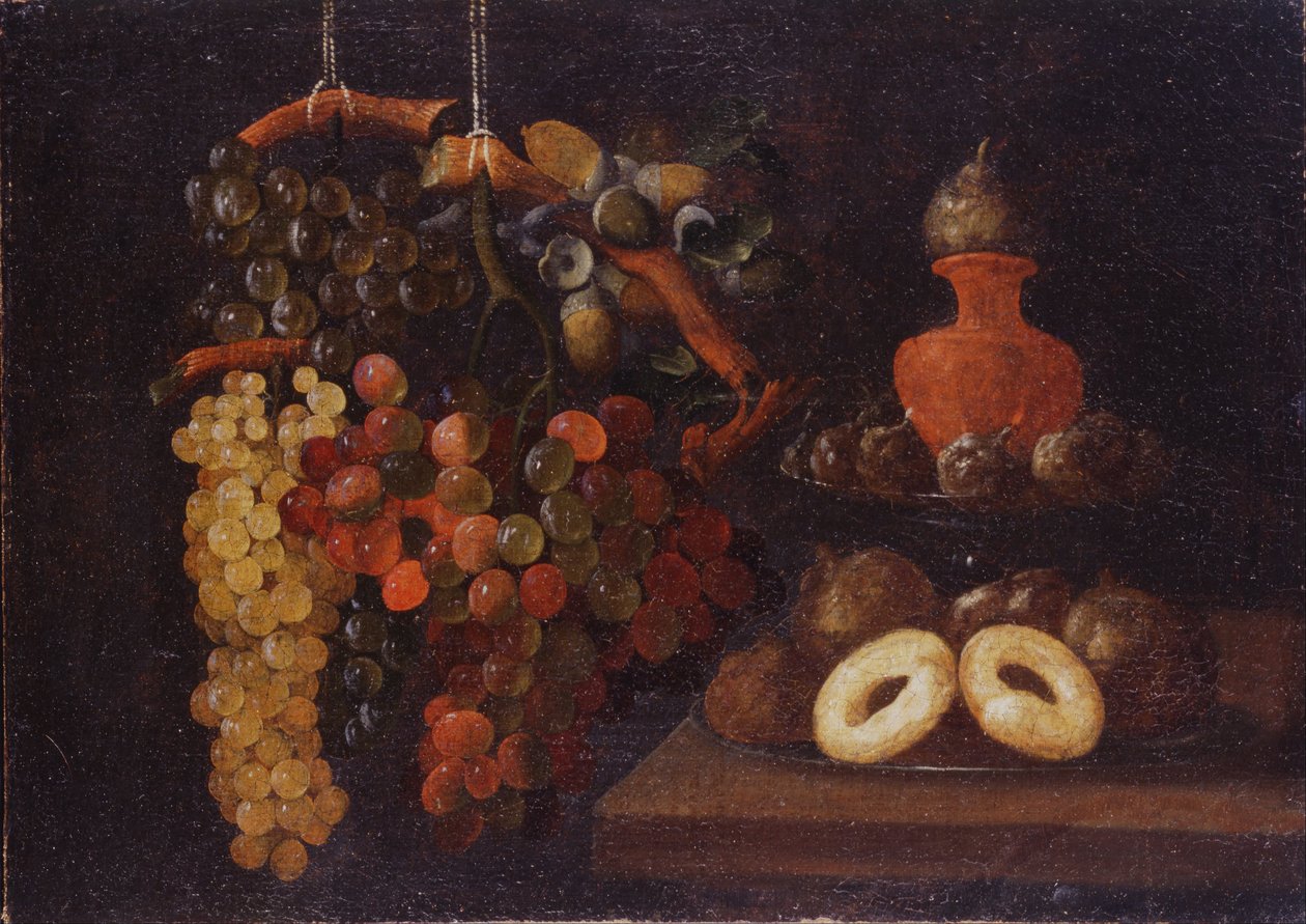 Stilleven met druiven en taarten door Juan de Espinosa