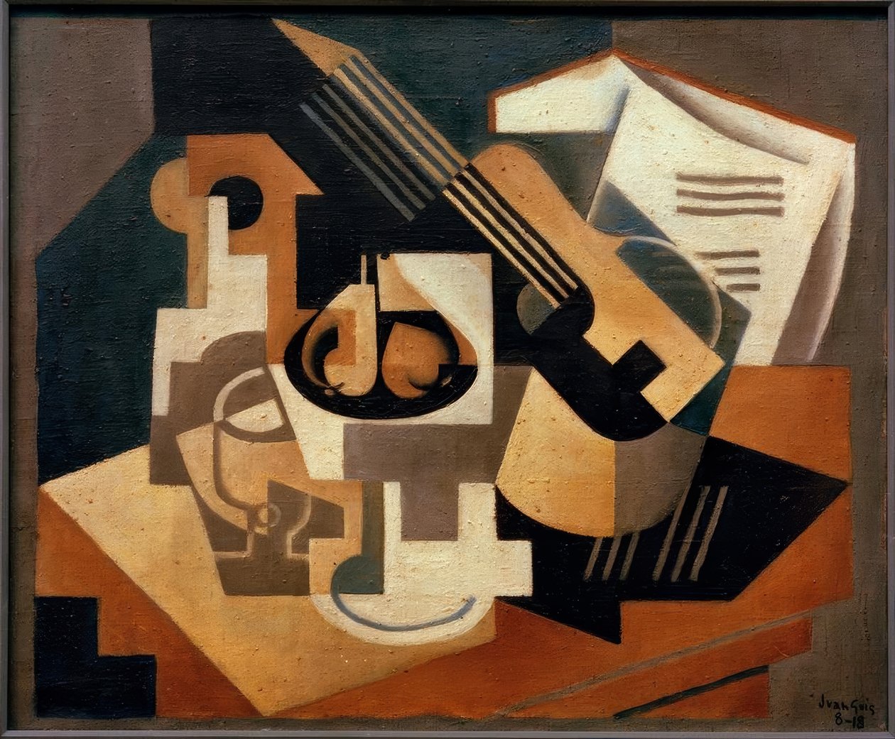 Gitaar en fruitschaal door Juan Gris