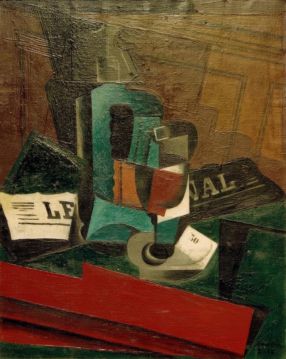 Syphon, glas en krant door Juan Gris