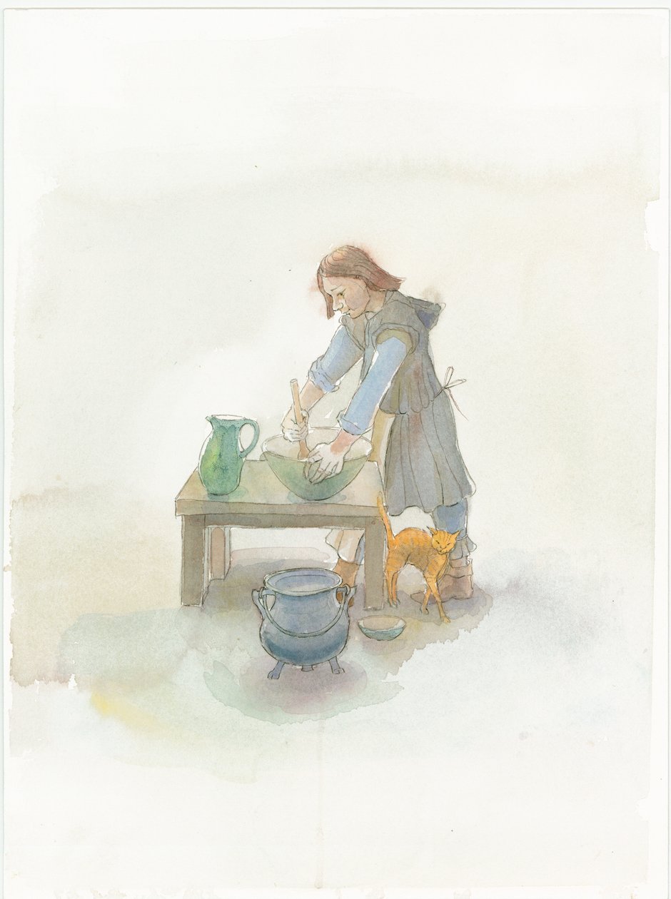 Een middeleeuwse kok die eten bereidt, 2004 door Judith Dobie