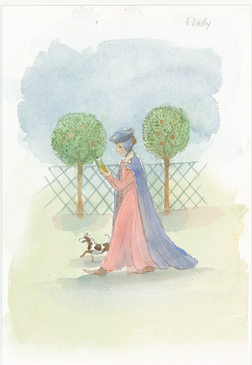Een middeleeuwse dame in een tuin, 2004 door Judith Dobie