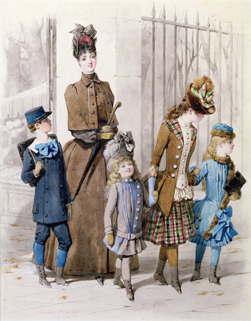 Moeder en kinderen in wandelkleding door Jules David