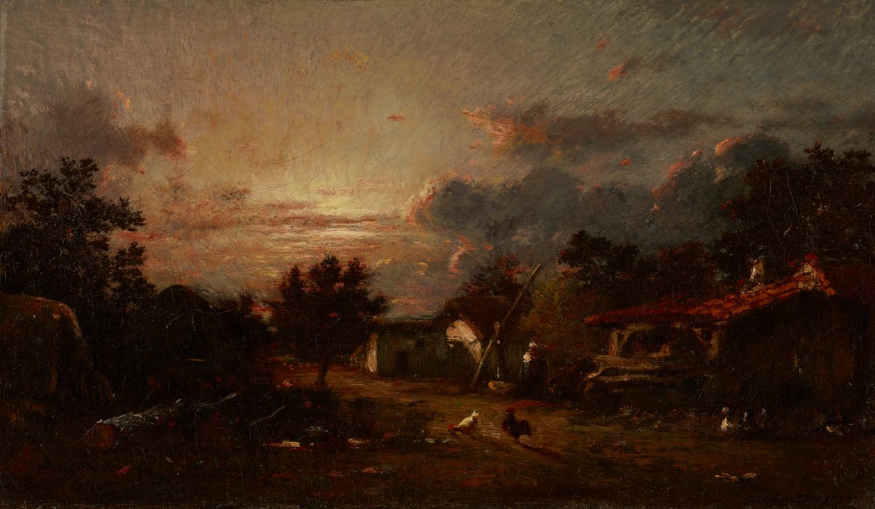 Dorpsscène, Zonsondergang, c.1870 door Jules Dupré