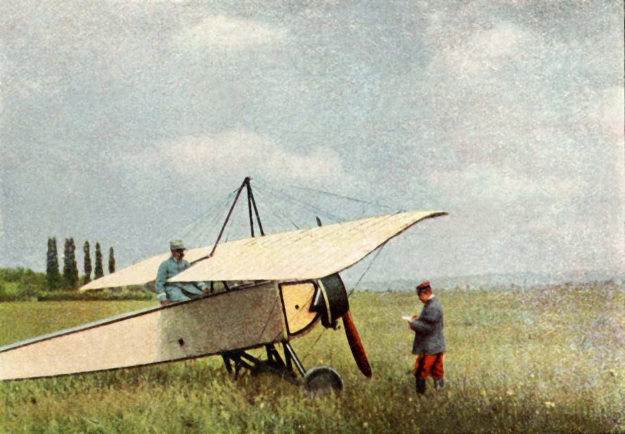 Een vliegtuig van het type Morane-Saulnier Type G, dat uitgerust kon worden met een 7,9 mm Hotchkiss machinegeweer, september 1914 door Jules Gervais Courtellemont