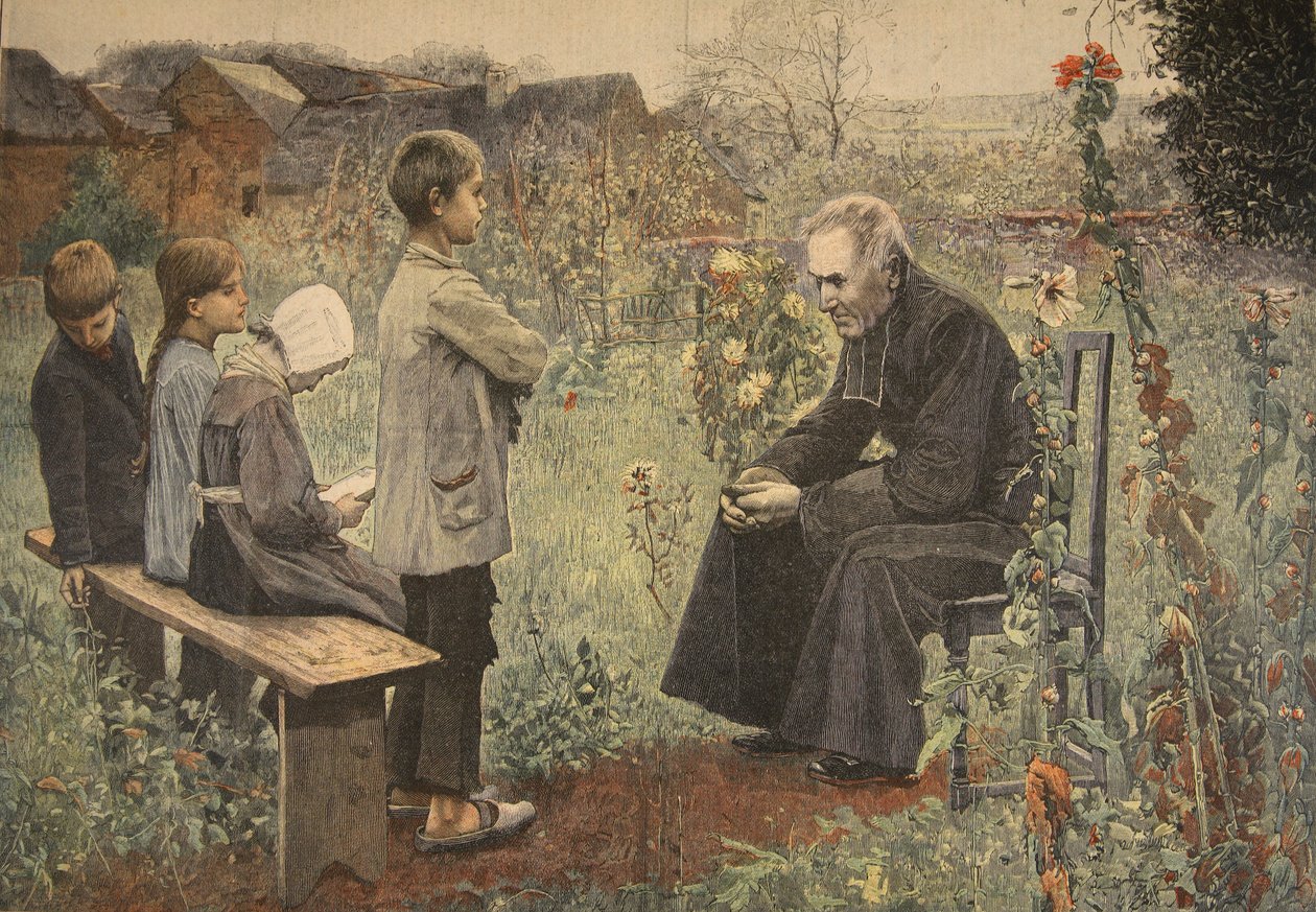 Priester die kinderen de catechismus leert, illustratie uit 