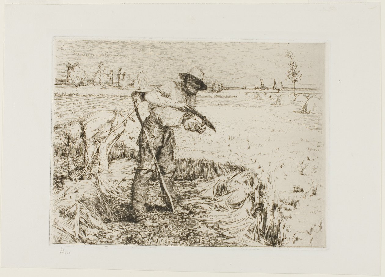 Maaier die een zeis slijpt door Jules Bastien Lepage