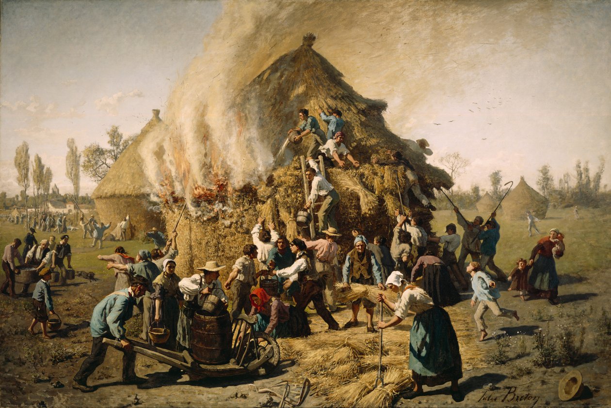 Brand in een hooiberg, 1856 door Jules Breton
