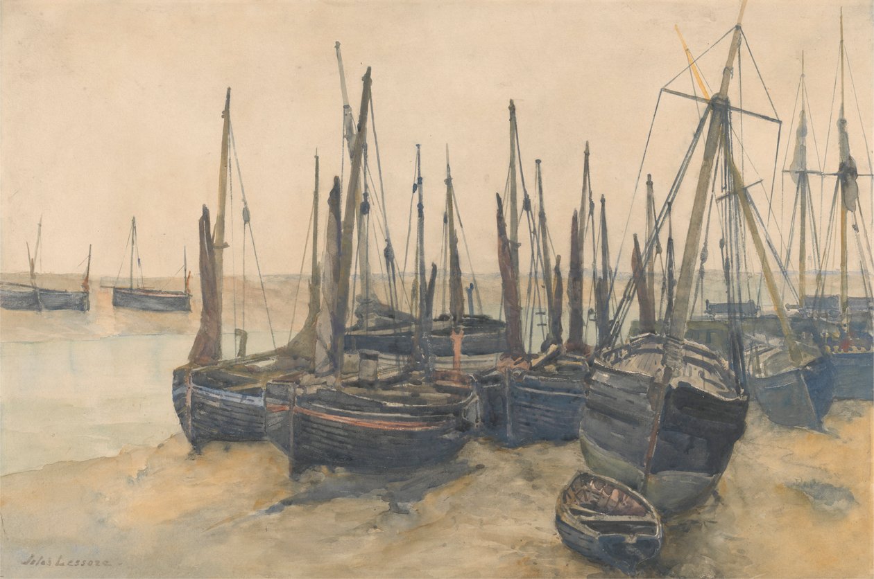 Aangemeerde vissersboten door Jules Lessore