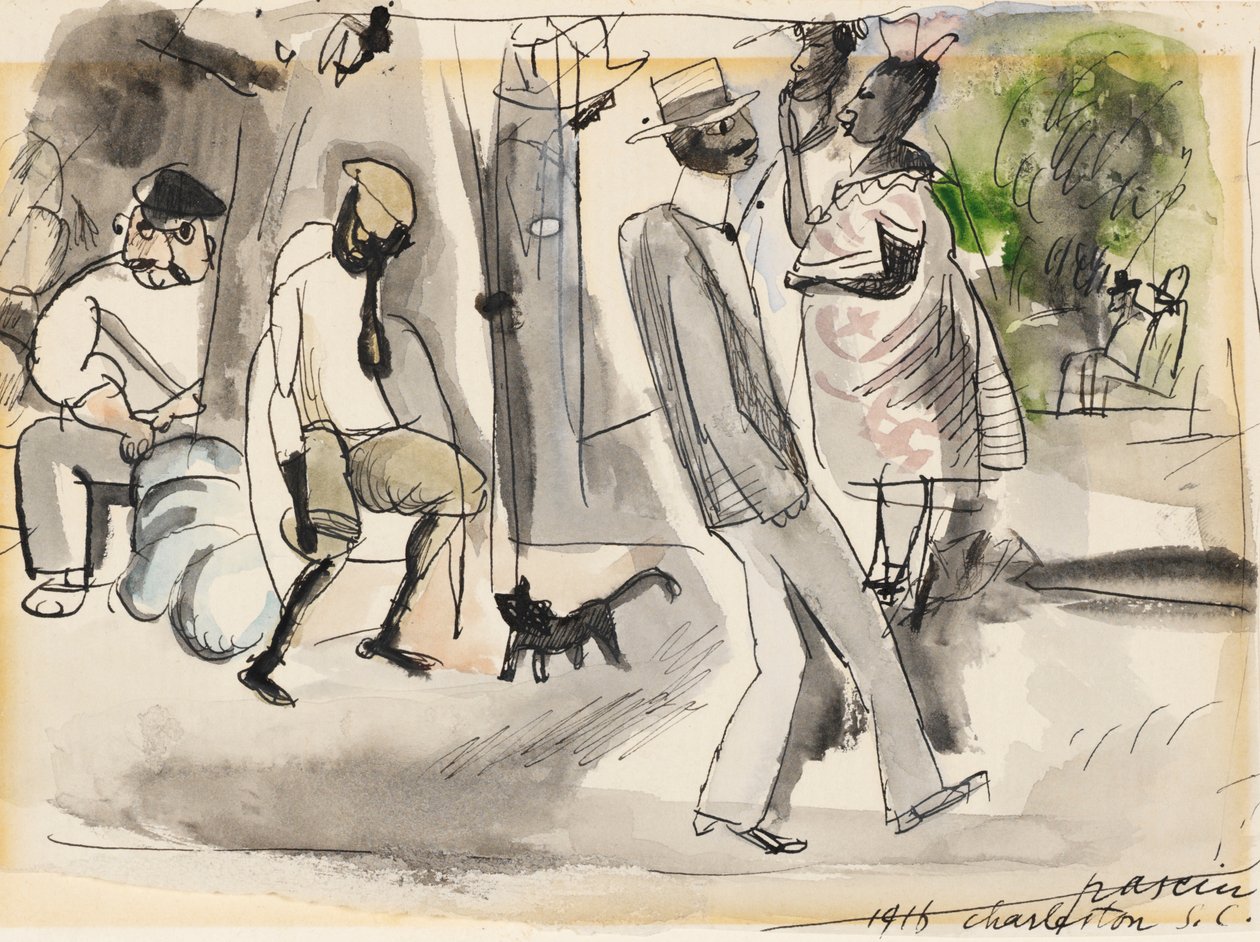 Figuren en Kat in Park door Jules Pascin