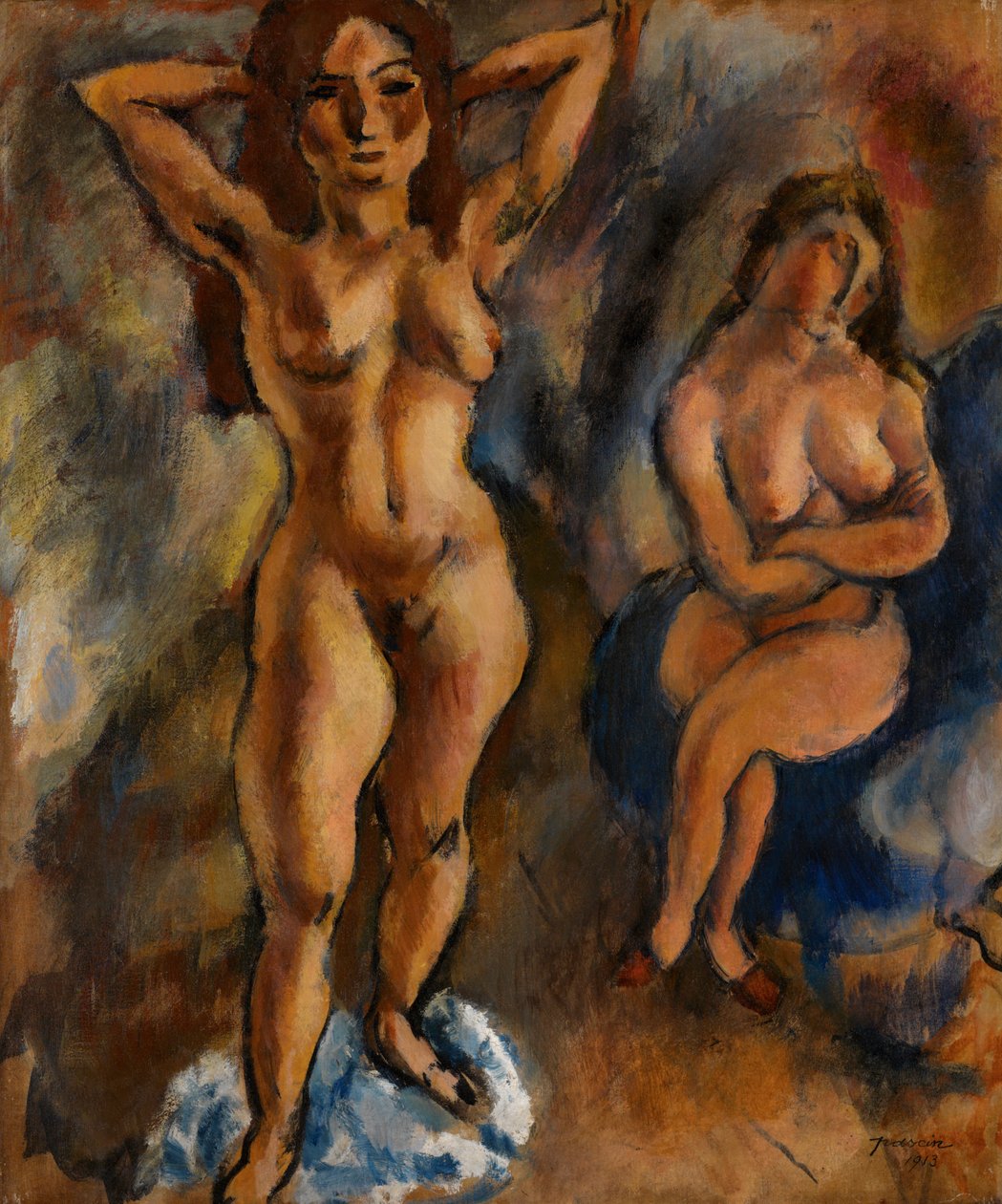 Twee naakten - één staand, één zittend door Jules Pascin