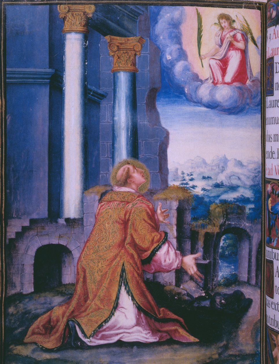 St. Laurentius, aan wie het Escorial klooster was gewijd, uit een facsimile van het Brevier van Koning Filips II van Spanje, 1569 door Julian and Leon, Andres de Fuente del Saz