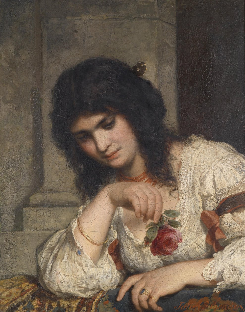 Dame bij de balustrade met roos door Julius Schrader