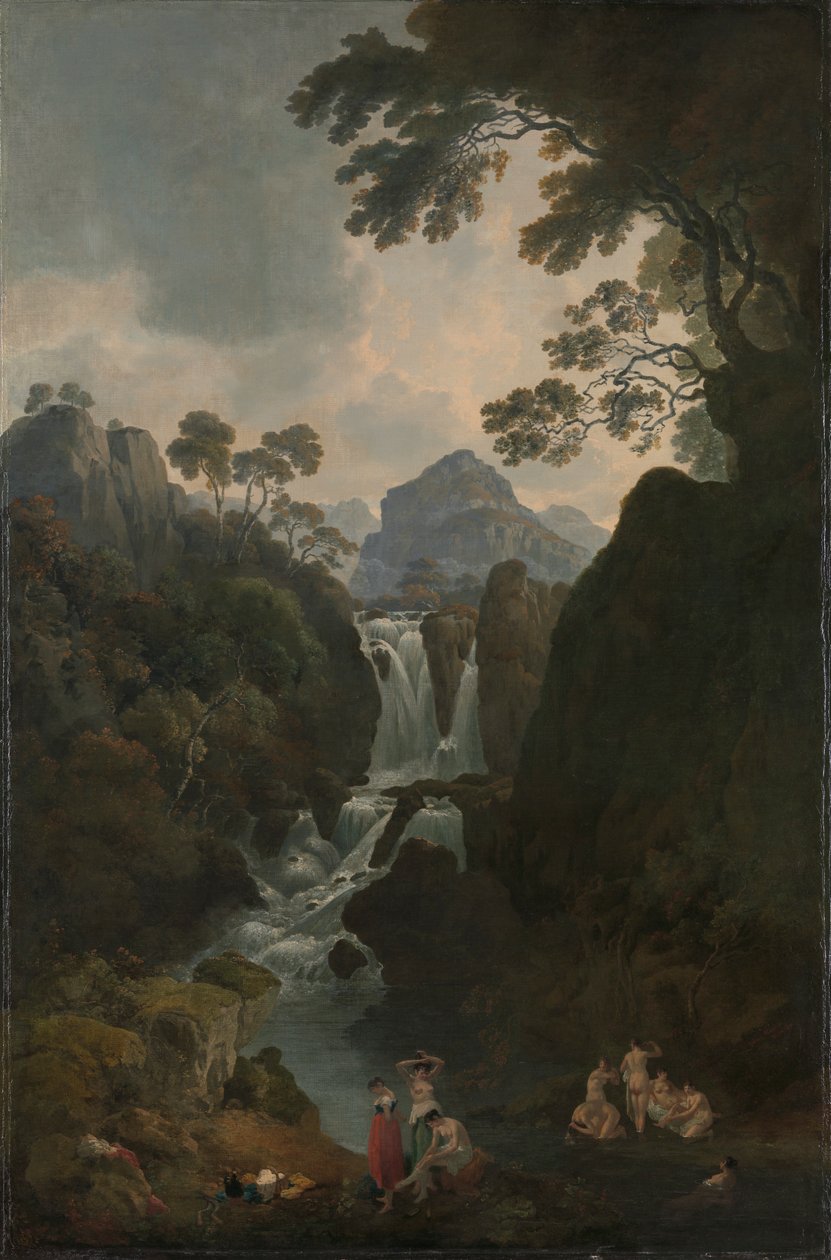 Een waterval met baders door Julius Caesar Ibbetson