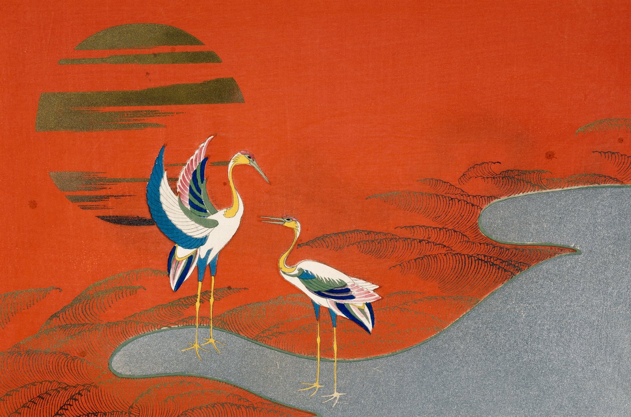 Vogels bij zonsondergang op meer door Kamisaka Sekka