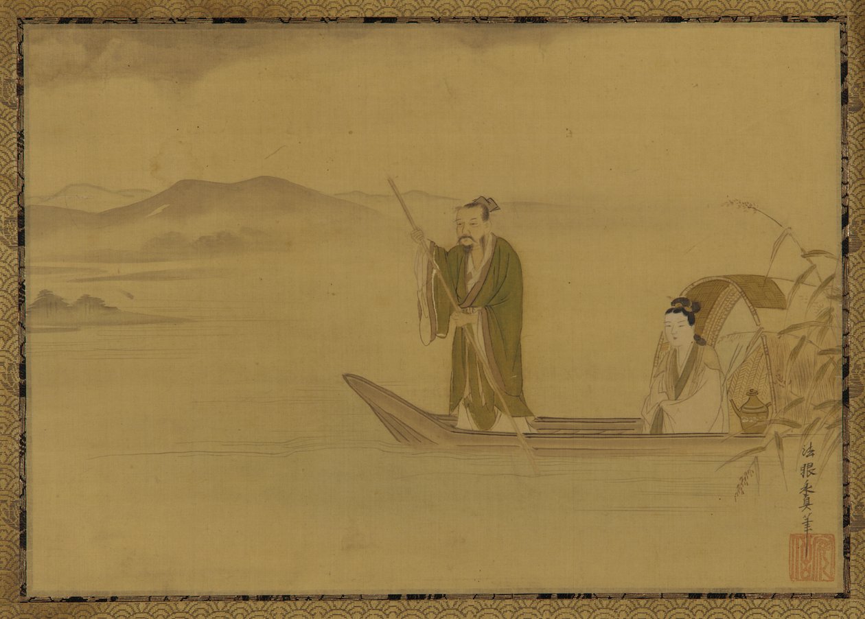Chinese man en vrouw in een boot door Kano Yasunobu