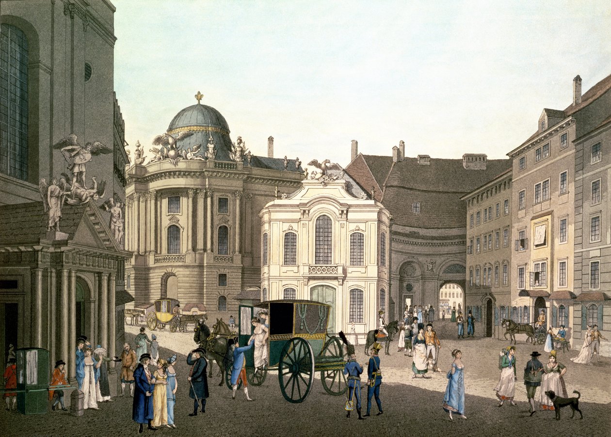 Uitzicht op Michaelerplatz met het oude Burgtheater door Karel Postl