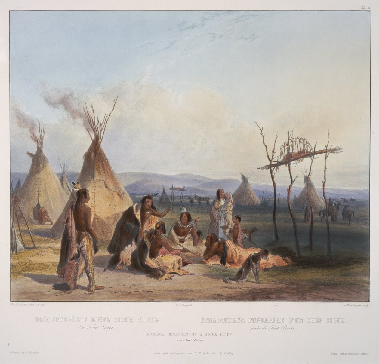 Begrafenissteiger van een Sioux-hoofdman nabij Fort Pierre, gegraveerd door J. Hurliman, gepubliceerd in 1839 door Karl Bodmer