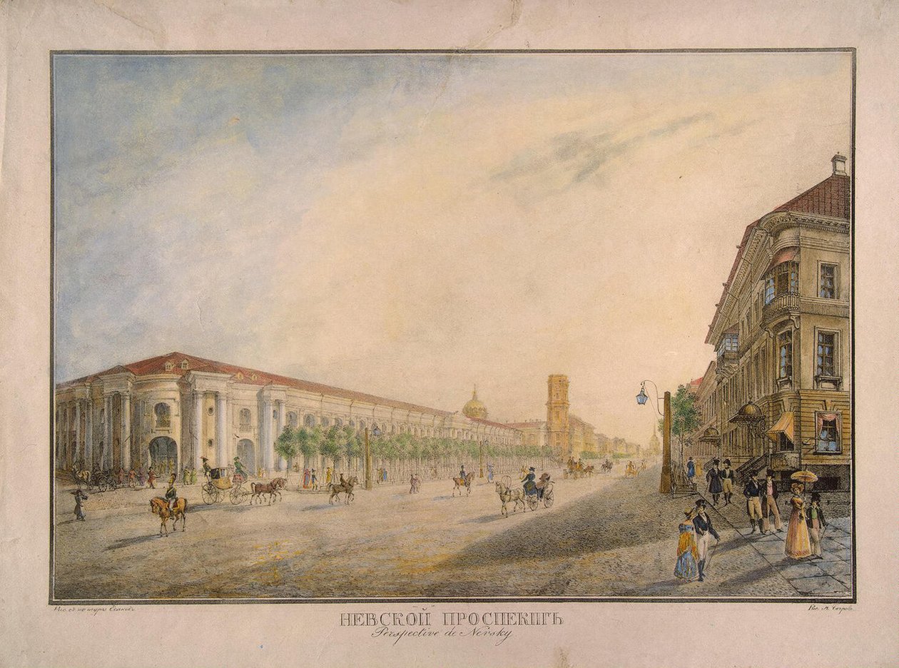 Uitzicht op Nevsky Prospekt, nabij de Gostiny Dvor, St. Petersburg, 1823 door Karl Pavlovich Beggrov