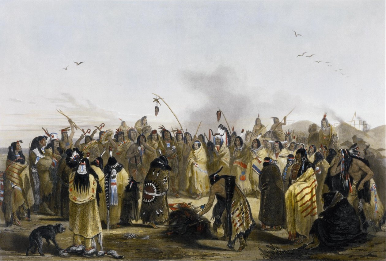 Hoofdhuiddans van de Minitarres door Karl Bodmer