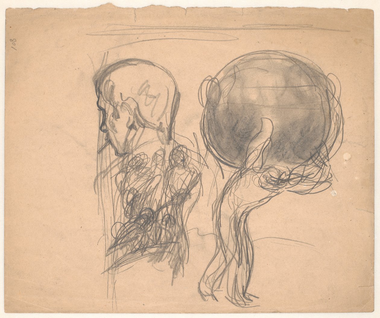 Studieblad met mannenportret en Atlasfiguur door Karl Isakson