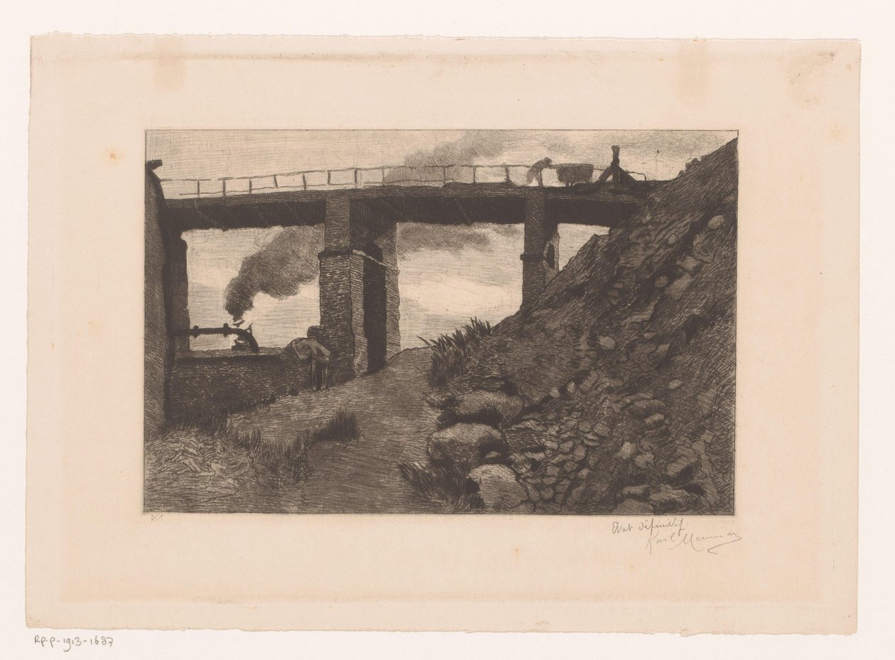 Industrieel landschap met viaduct door Karl Meunier