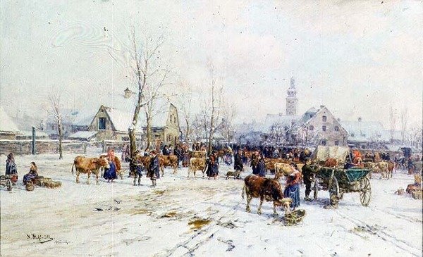 Een veemarkt in de winter door Karl Stuhlmuller