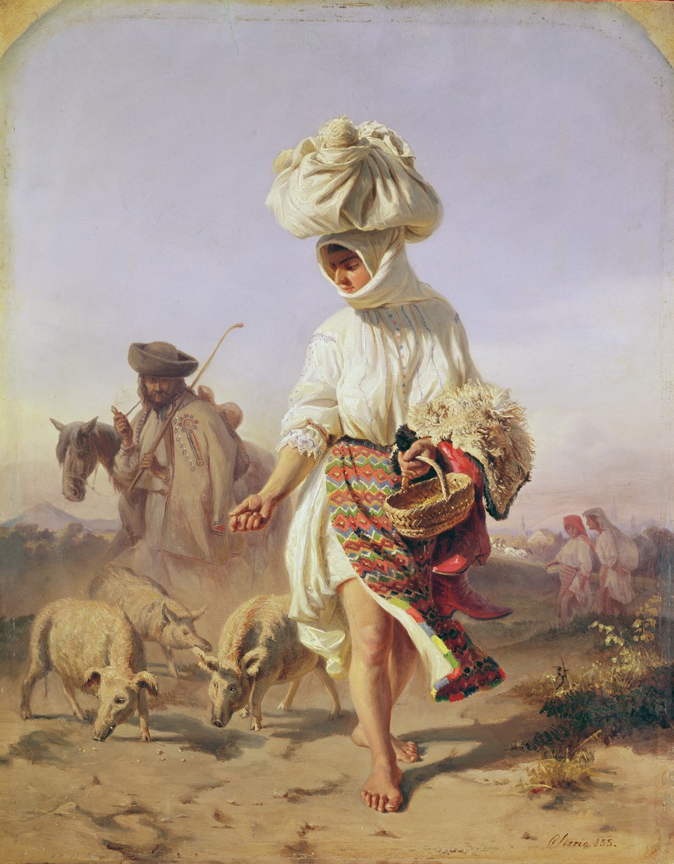 Boerendochter voedt varkens, 1855 door Karoly Sterio