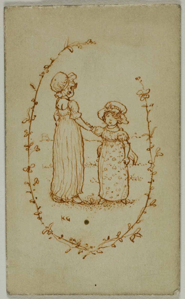 Vignet van Twee Meisjes (recto); Athena (verso) door Kate Greenaway