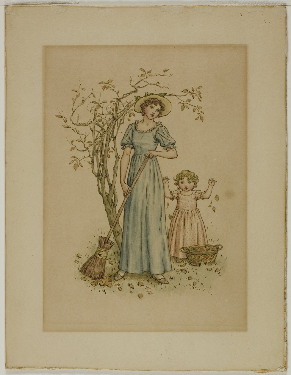 Vrouw met bezem en klein meisje door Kate Greenaway