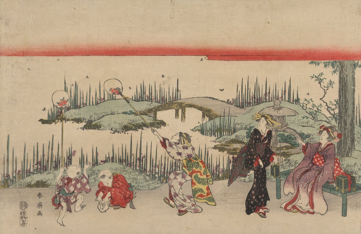Vuurvliegjes vangen (kleurhoutsnede) door Katsukawa Shunsen