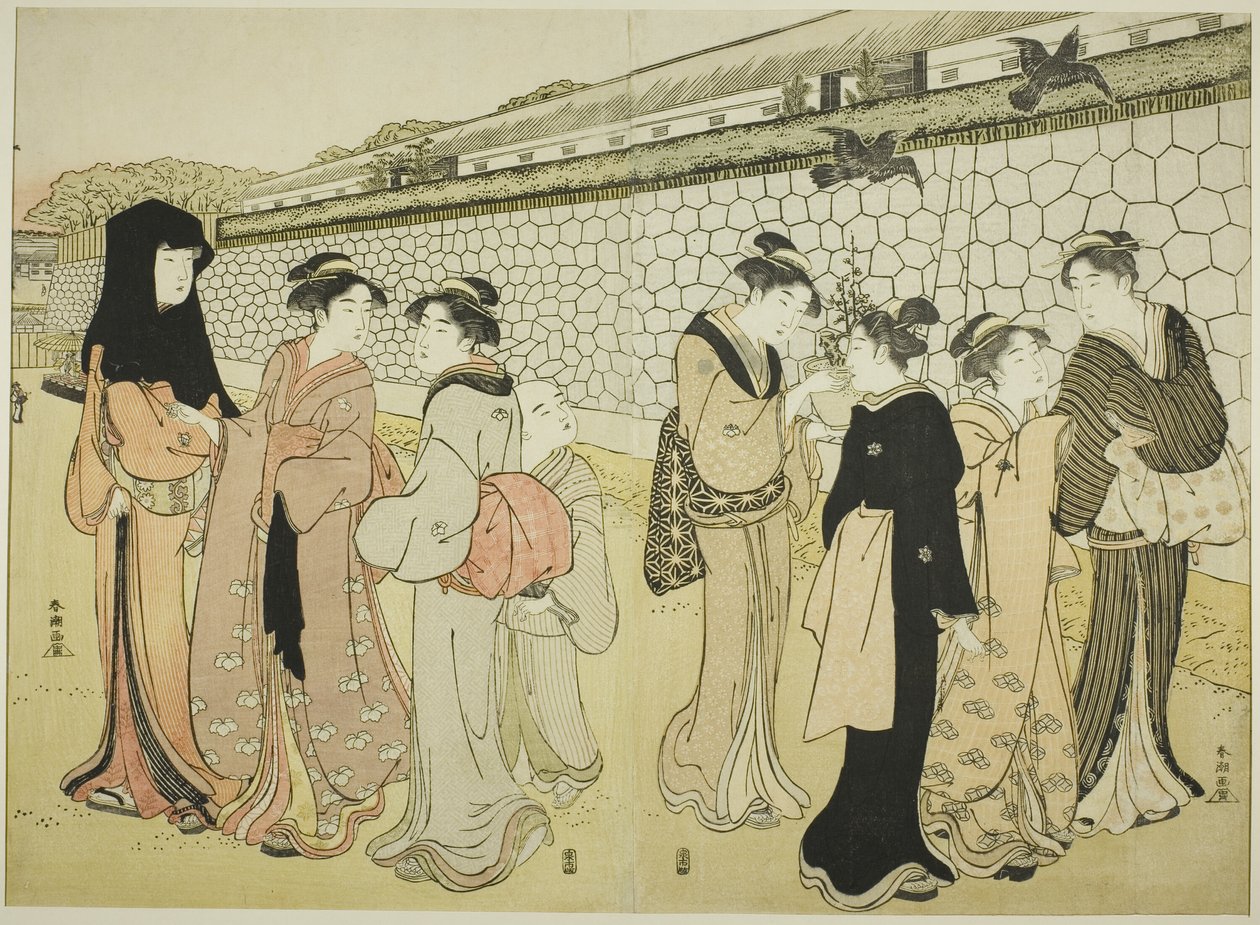 Vrouwen Wandelen langs een Gracht door Katsukawa Shuncho