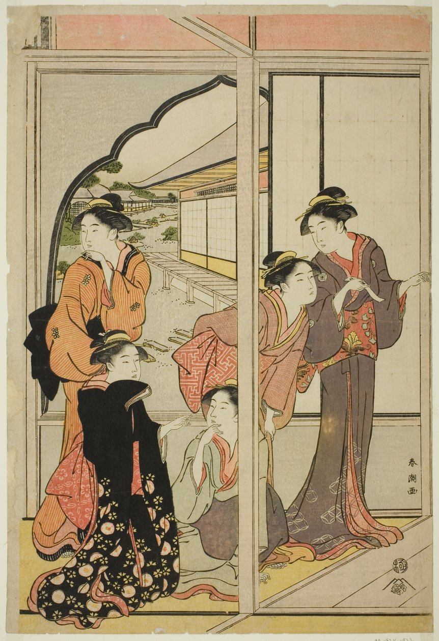 Vrouwen in een herenhuis door Katsukawa Shuncho