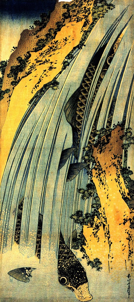 Twee karpers in een waterval door Katsushika Hokusai