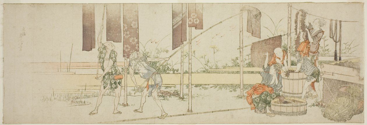 Het ophangen van geverfde doeken door Katsushika Hokusai