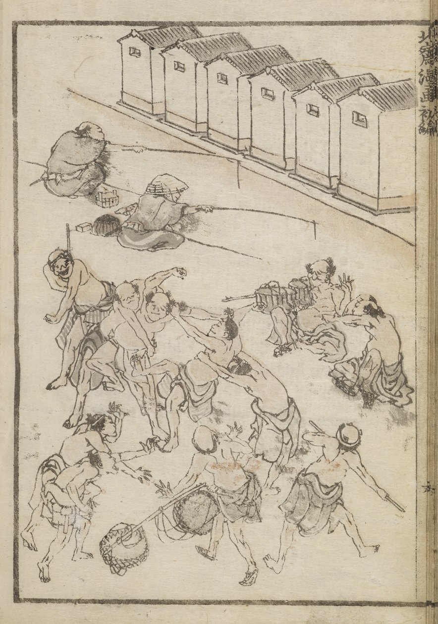 Mannen worstelen en vissen door Katsushika Hokusai