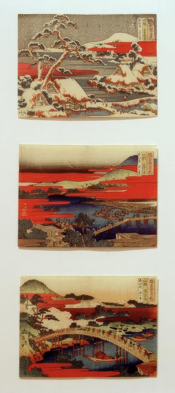 Sneeuw, maan en bloemen in mooie landschappen door Katsushika Hokusai