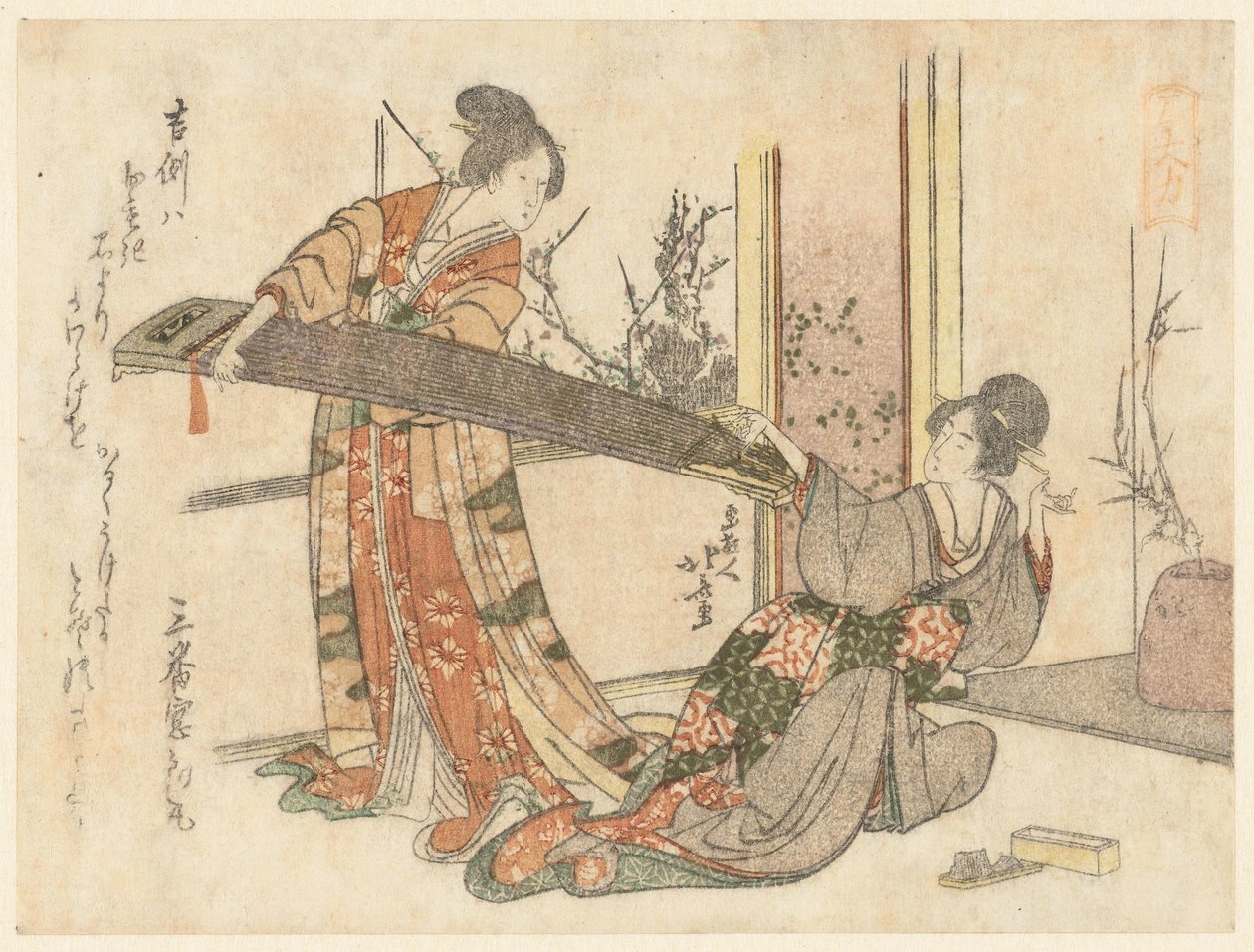 Twee vrouwen met een koto door Katsushika Hokusai