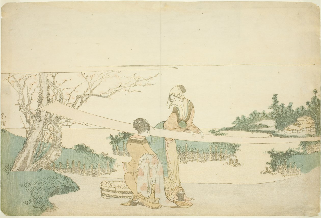 Twee vrouwen die stof uitrekken door Katsushika Hokusai