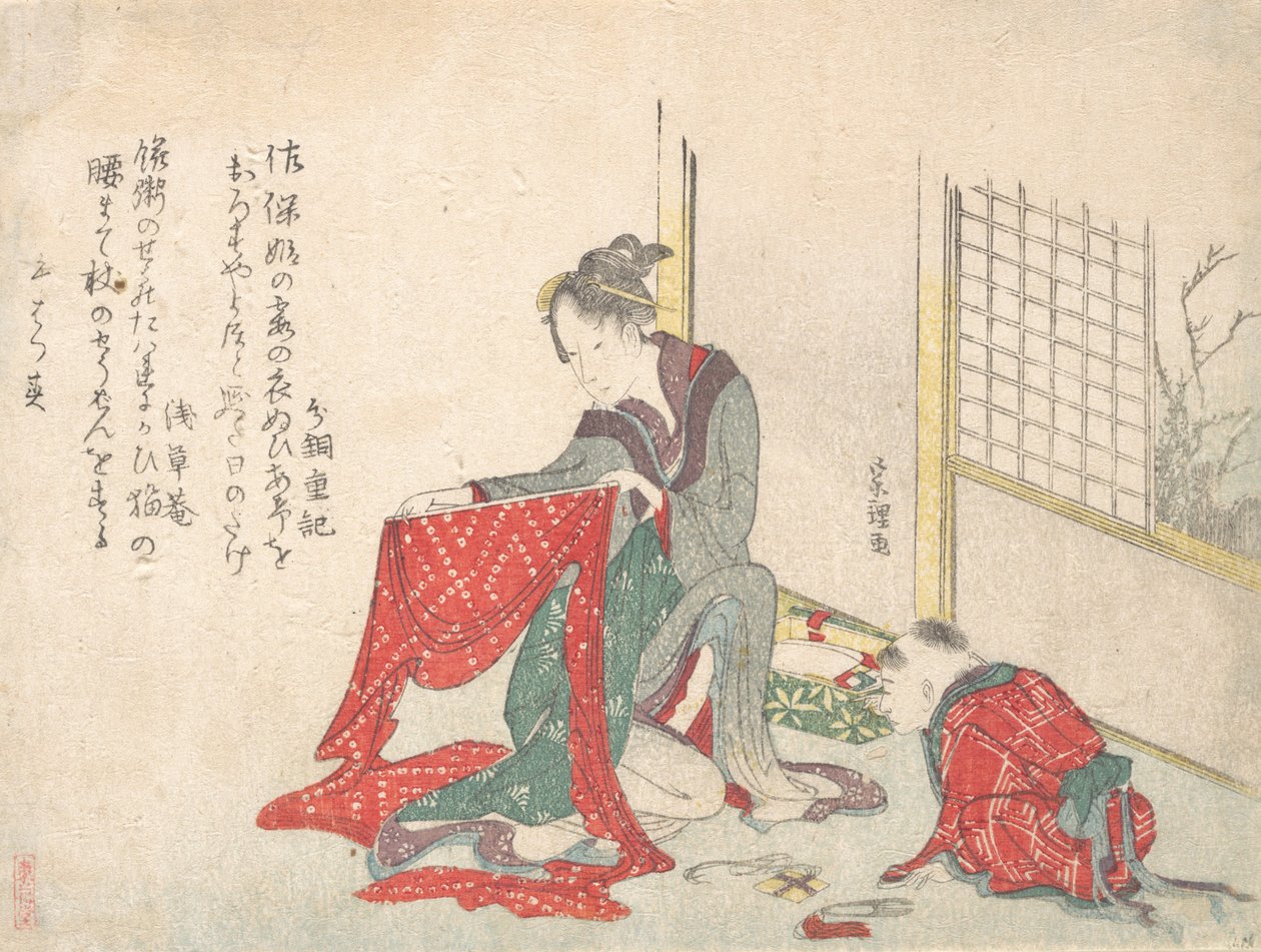 Vrouw die Doek Vouwt, laat 18e-begin 19e eeuw door Katsushika Hokusai