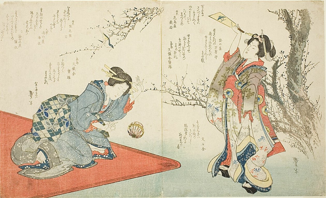 Twee vrouwen spelen shuttle door Katsushika Taito II