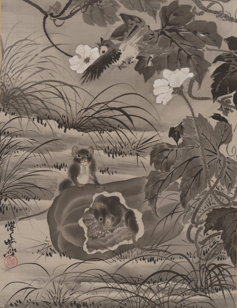 Muizen in een Meloen, ca. 1887 door Kawanabe Kyosai