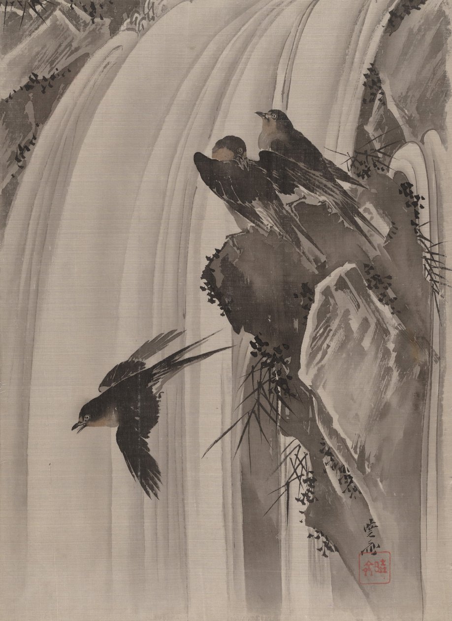 Zwaluwen bij een waterval, ca. 1887 door Kawanabe Kyosai