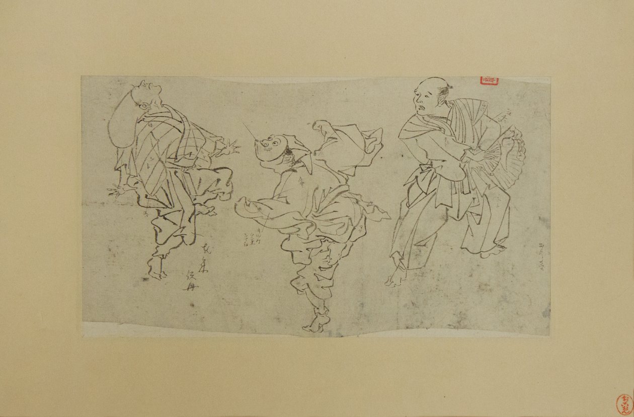 Drie Kyogen Dansers, eind 19e eeuw door Kawanabe Kyosai