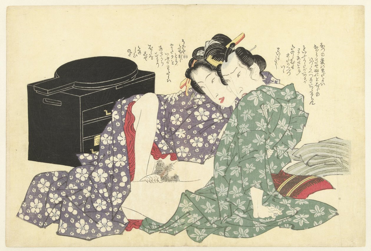 Minnend paar voor lakkast door Keisai Eisen (attributed to)