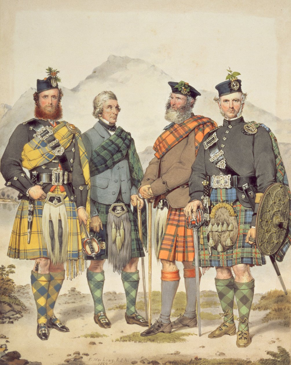 Vier Heren in Highland Kleding, 1869 door Kenneth Macleay