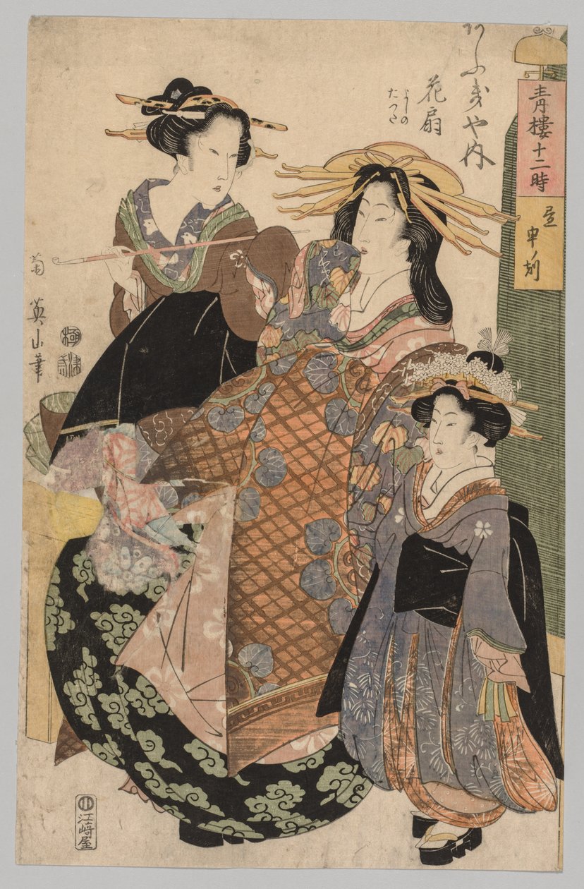 Twee vrouwen en een meisje door Kikugawa Eizan